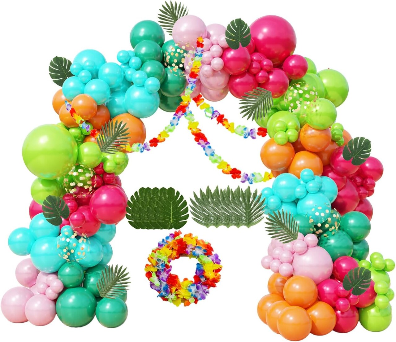 161-Piece Tropical Balloon Arch Kit – Hawaiian Theme with Rose Gold Confetti Balloons, Palm Leaves, and Flowers for Summer Luau, Baby Shower, Beach, Flamingo Pool, and Aloha Birthday Party Decorations
